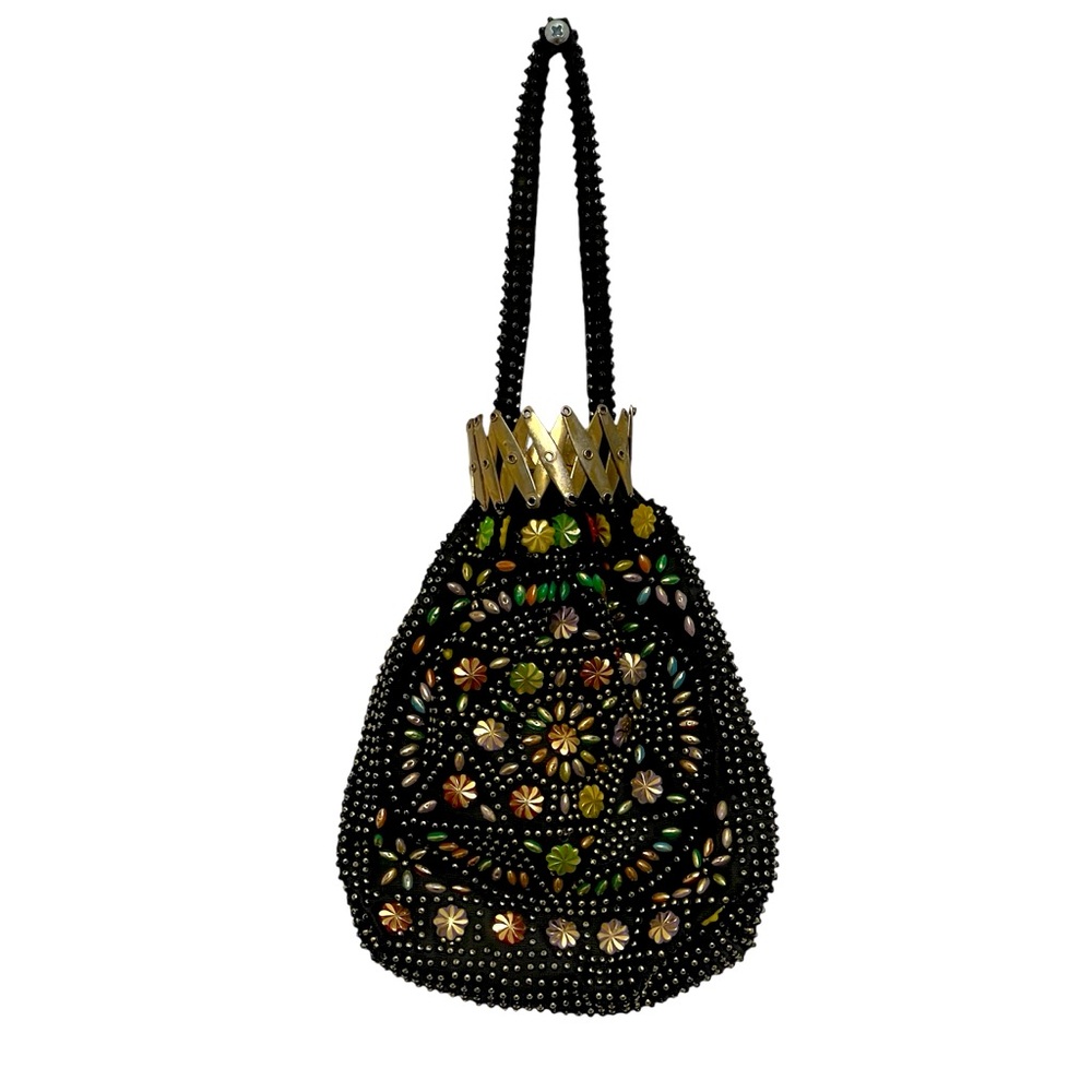 Vintage 70s Ladies Handbag Accordion Gate Top opening & multi color flower beads